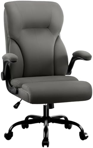 Executive Office Chair,High Back Ergonomic Comfy Desk Chair with Padded Flip-up Armrests and Wheels,PU Leather Heavy Duty Computer Swivel Rolling Task Chair for Home Office,Adults,Gray by AreShark