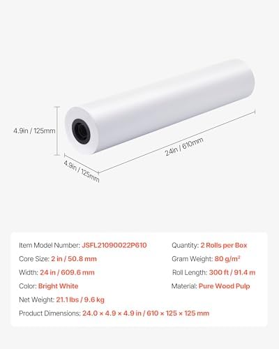 VEVOR Wide Format Paper, 24 in x 300 ft Plotter Roll, 2 Rolls CAD Bond Rolls with 2 in Core, 20 LB Bond Paper Rolls, Ideal for CAD Drawings, Engineering Plans, GIS Maps, and Architectural Designs - Image 7