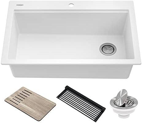 KRAUS Bellucci Workstation 33 in. Drop In Single Bowl Granite Kitchen Sink in White with Accessories, KGTW1-33WH by Unknown