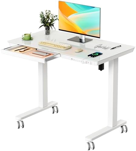35" Electric Standing Desk with Drawer, One-Piece Glass Top by JYLHJOYSEEKER