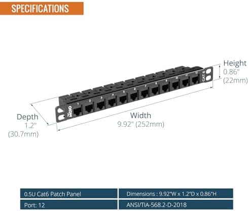 Tecmojo 12-Port Cat6 Patch Panel, 0.5U Rack Mount Modular Panel with Keystone Coupler, for 10" Server Rack & Network Cabinet, Gigabit Ethernet, Black - Image 3
