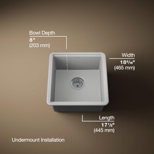 KOHLER Billings 18" Undermount Bar Sink, Single Bowl, Neoroc Composite, Matte Finish, Compact Prep Sink for Wet Bar or Kitchen Island, Matte Grey, K-33711-CM4 - Image 3