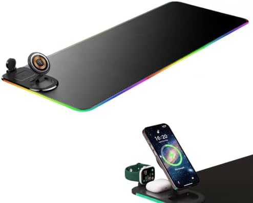3-in-1 Wireless Charging Mouse Pad, 15W RGB Gaming Desk Mat with Phone, Watch & Earbuds Charging Station, 31.5 x 11.8 in Extended Mouse Pad, Smooth Surface, Non-Slip Rubber Base, Black by Unknown