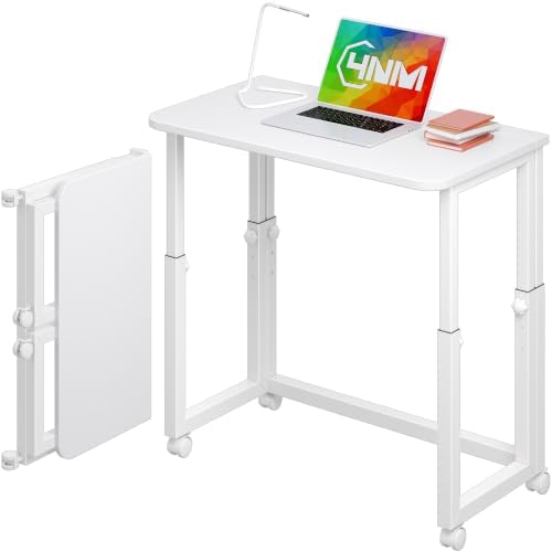 4NM No Tool Assembly 27.5" Small Desk, Folding Portable Desk with Wheels, Foldable Computer Home Office Desks, Collapsible Study Writing Table for Space Saving Bedroom - All White by 4NM