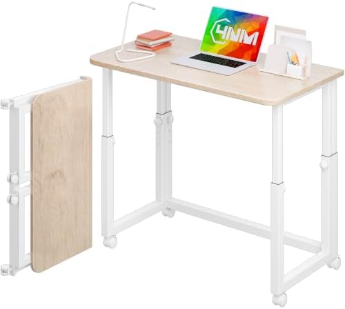 4NM No Tool Assembly 31.5" Small Desk, Folding Portable Desk with Wheels, Foldable Computer Home Office Desks, Collapsible Study Writing Table for Space Saving Bedroom - Cloud Oak by 4NM