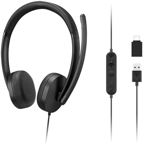 Lenovo 115 USB-A/USB-C Wired Stereo Headset – Lightweight, Noise-Cancelling, in-Line Control Box, USB-A to USB-C Adapter, Over-Ear Design, Headset with Mic for PC and Laptop, Black by LENOVO