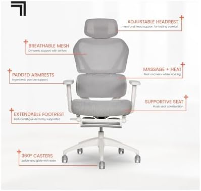 Sharper Image S-850 Heated Ergonomic Mesh Swivel Executive Massage Chair, Light Gray/White - Image 4