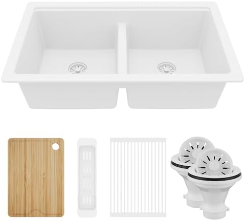 Karran 32.5 Inch Undermount Quartz Composite Workstation Kitchen Sink, 50/50 Double Bowl Low Divide with Color Matched Accessories, Cutting Board, Drying Mat, Colander & Strainers White by Karran