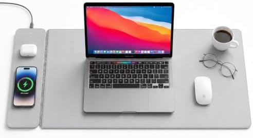 Wireless Charging Mouse Pad & Desk Mat with Detachable MagSafe-Compatible & Qi Charger, Charges Phone + Earbuds, Hidden Storage, XL Vegan Leather Mouse Pad, 30.7" × 14.6"(Grey) by Unknown