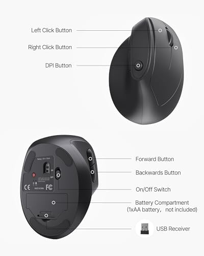 Ergonomic Mouse, USB+Bluetooth Dual Connection, Wireless Vertical Mouse for Reducing Wrist Pain, 1000/1600/2400 DPI, Ergo Mouse with Quiet Click for Windows Mac OS PC Computer Laptop, Black - Image 7