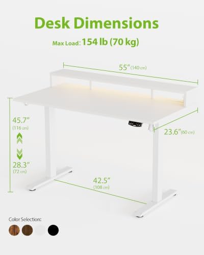 Agilestic 55 * 24 Inch Electric Standing Desk with Shelf & Led, White - Image 2