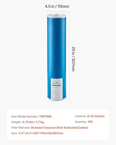 VEVOR GAC Filter, Universal Fit 20 x 4.5 in Granular Activated Carbon Replacement - for Whole House Water Filter Systems, Reduces Chlorine, Chemicals, VOCs, Bad Taste & Odor - Image 7