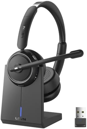 Wireless Headset with Mic for Work, Bluetooth Headset with Microphone Noise Cancelling & Mute Button, 65H Working Time Wireless Headphones with Mic for Work/PC/Call Center/Computer/Laptop/Teams/Zoom by LEVN