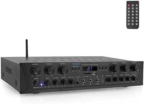 Pyle Home Audio Amplifier with Bluetooth - 6 Channel 600 Watt Peak Power, Karaoke with Echo, 2 Mic Input with Talkover, Headphone In, USB A MP3 Player with SD Reader - Home, Commercial, Worship by PyleUSA