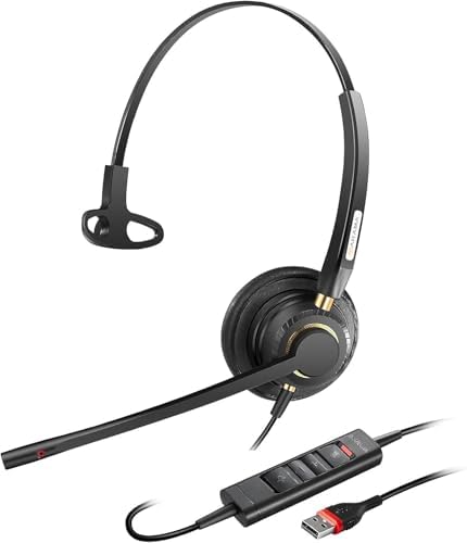 Arama USB Headset with Microphone for PC, Noise Cancelling & Audio Controls Ultra Comfort USB Headphone for Computer Laptop Pc Business Skype UC Webinar Call Center Office by Arama