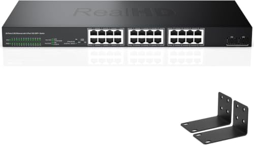 24 Port 2.5G Web Managed Ethernet Network Switch 24 x 2.5 Gigabit | 2 x 10G SFP+ | Work with 10-100-1000Mbps Devices | 160G Bandwidth | Fanless Quiet Metal Internet Switch | Rack Mount by RealHD