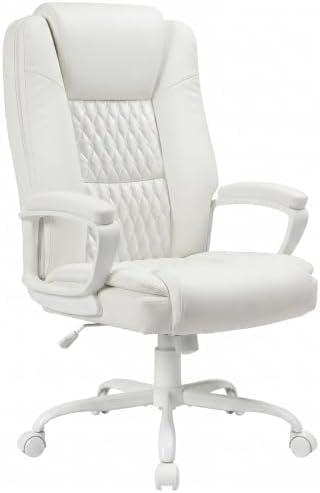 LEMBERI High Back PU Leather Executive Office Chair, Adjustable Swivel Computer Desk Chair with Padded Armrests for Home Office, White by LEMBERIHOME