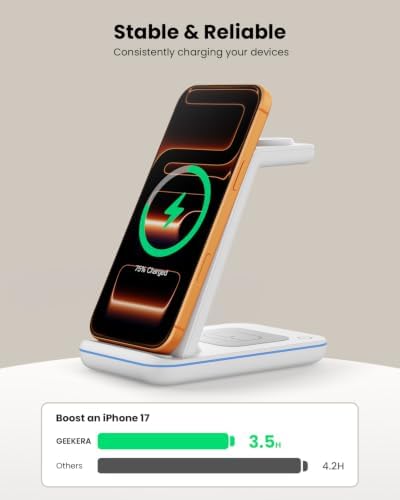 GEEKERA 3 in 1 Wireless Charging Station for Apple, Fast Wireless Charger Stand Dock for iPhone 17 16 15 14 13 12 11 Pro Max Plus XR XS X, Apple Watch Ultra/11/10/9/SE/8/7/6/5/4/3/2, AirPods Pro/4/3/2 - Image 4