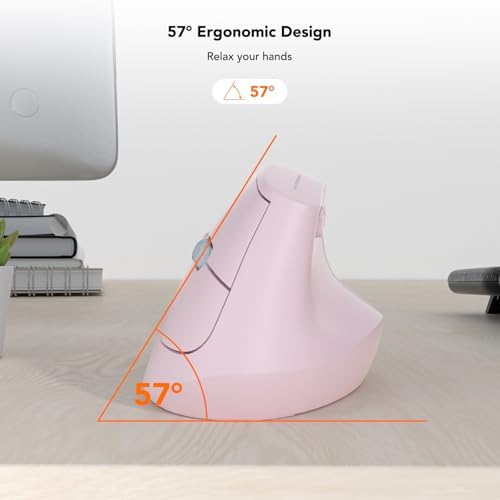 KYSONA EM18 Wireless Ergonomic Vertical Mouse, Ergo Design, Bluetooth Cordless Mouse for Medium/Large Hands, Silent Click, 5-Level Adjustable DPI, Carpal Tunnel Mice for Computer/PC/Mac/Laptop, Pink - Image 4