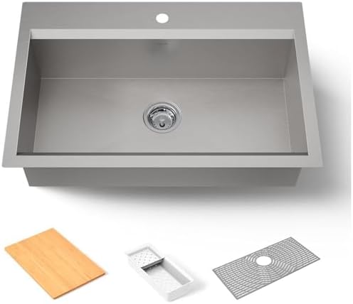 KOHLER 80084-1PC-NA Task™ 33" Top-/Undermount Single-Bowl Workstation Sink, Includes Kitchen Sink Accessories, Stainless Steel, 1 Faucet Hole by Unknown