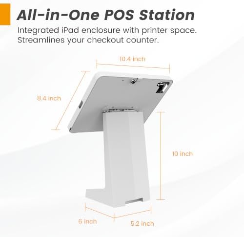 All-in-One Tablet POS Stand with Printer Compartment, All Metal Desktop Kiosk with Key Lock, 90° Flip Enclosure Compatible with iPad 10.9/11” - BSP101WA - Image 4