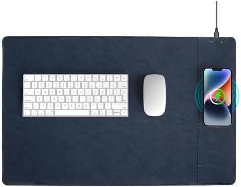 Magnetic Wireless Charging Desk Mat, 23.4"x15.6" Large Office Mouse Pad, Microfiber Leather Mouse Mat with Ultra-Smooth Surface, Waterproof Computer Keyboard Desk Mat for Office & Home, Laptop, Blue by Hi-HONX