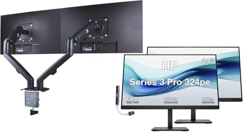 HP Series 3 Pro 324pe 24" FHD IPS Monitor with 5ms Response Time, Anti Glare, Flicker Free, VESA Mount (100mm), VGA, Displayport, HDMI, Black (B1GM5AA#ABA) 2 Pack w/DKZ Hub & ErgoFlexy Dual Mount Arms by MichaelElectronics2