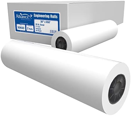 Alliance Wide Format Paper 30” x 650’ Rolls Bond Engineering 92 Bright 20lb - 2 Rolls Per Carton with 3” Core by Alliance