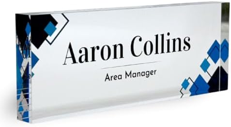 Customized Clear Acrylic Thick 8x3" Desk Name Plate Block with Personalized Logo - Professional Office Decor - Customized Acrylic Plate Gift for Teacher Co-workers (Elegant Squares) by ClickedCraft