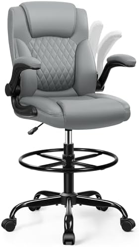 Drafting Chair, Tall Office Chair for Standing Desk, High Executive Leather Ergonomic Computer Chair with Adjustable Height and Flip-Up Armrest for Counter Height Desk, Grey, Pack of 1 by BrickAttic
