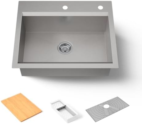KOHLER 80086-2PC-NA Task™ 27" Top-/Undermount Workstation Stainless Steel Kitchen Sink, Includes Accessories, 2 Faucet Holes, Single Bowl Kitchen Sinks by Unknown