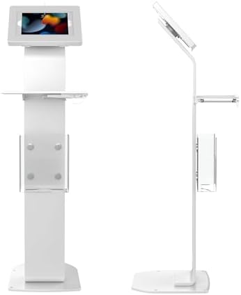 CTA Digital Anti-Theft Mobile Workstation Locking Floor Stand Kiosk w/ Secure Enclosure, Keyboard Tray & Storage for iPad A16 - iPad Pro 11" M4 - Air 11"M3 & M2 Galaxy Tab A & More White (PAD-PARAFWK) by CTADigital