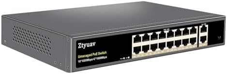 18-Port Full Gigabit Unmanaged PoE Switch with 16 PoE+ Ports @250W, 2 Uplink Ports-IEEE802.3af/at Compliant, 6KV Lighting Protection, VLAN Mode, Fanless & Metal Plug & Play by ProfessionalNetworkSwitchManufacturer