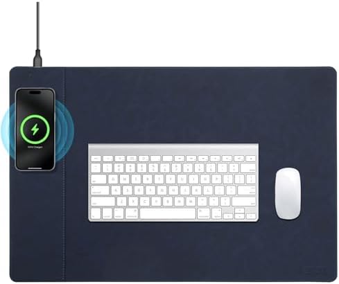 Magnetic Wireless Charging Desk Mat, 23.4''x15.6'' Large Office Mouse Pad, Microfiber Leather Mouse Mat with Ultra-Smooth Surface, Waterproof Computer Keyboard Desk Mat for Office & Home, Laptop, Blue by Hi-HONX