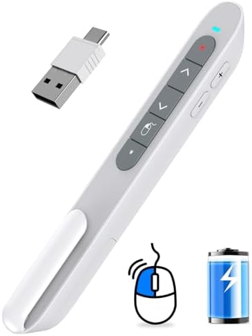 DINOSTRIKE White Presentation Clicker with Air Mouse Control, USB Type C Wireless Presenter Remote Clicker for Powerpoints Slide RF 2.4GZ Slide Advancer for Computer Laptop Mac by DINOSTRIKE