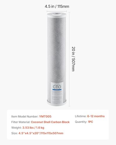VEVOR CTO Whole House Water Filter - Universal Fit 20 x 4.5 Inch - Activated Carbon Block Cartridge Replacement, 5 Micron Coconut Shell Charcoal Filter, Reduce Chlorine, Bad Taste, Odor - Image 7