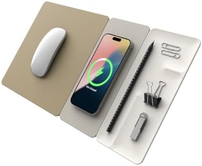 POUT H3 SplitMax 3-in-1 Wireless Charging Mouse Pad – Fast Qi Charger, Mousepad Mat, and Magnetic Tray Organizer – Compatible with Smartphones and Earbuds (Palette Cream) by POUT
