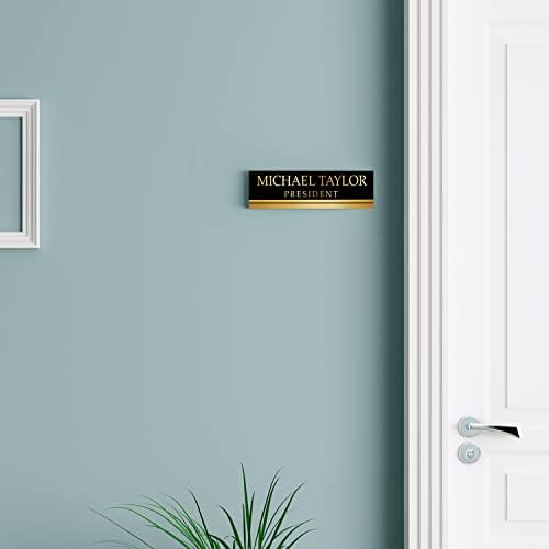Artblox Personalized Office Desk Name Plate With Business Card Holder | Clear Acrylic Glass with Teak Wood Stand | Black Gold Stripe Design Customized with Your Name and Credentials Office Desk Décor - Image 5