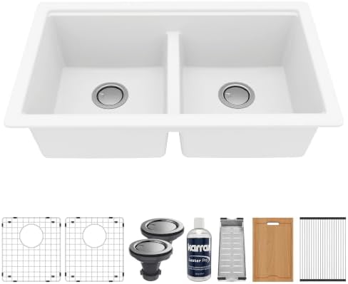 Karran 32.5" White Quartz Composite Undermount Double Bowl Workstation Kitchen Sink, 50/50 Chef Prep Station with Cutting Board, Roll-Up Mat, Colander, Bottom Grids and Accessories – QUWS-880 by Karran