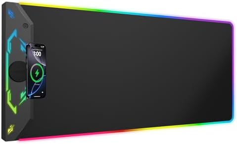 Gaming Mouse Pad RGB, 35"x15.8" Large Keyboard Desk Mat with Magnetic Wireless Charging for iPhone, 24 Light Effects, Non-Slip Base, Waterproof Ultra-Smooth Surface, with Adapter, Black by HIWE