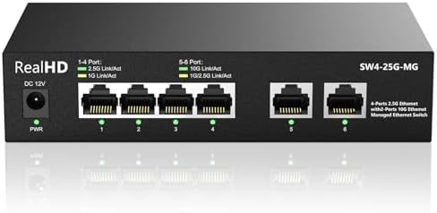 10Gb RJ-45 Ethernet Network Switch Web Managed, 2 x 10Gb RJ45 Ports, 4 x 2.5Gb Base-T Ports | Multi Gigabit Switch 1G / 2.5G | 60G Bandwidth | Fanless Metal Internet Switch for Wireless AP, NAS, PC by RealHD