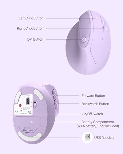 Ergonomic Mouse, USB+Bluetooth Dual Connection, Wireless Vertical Mouse for Reducing Wrist Pain, 1000/1600/2400 DPI, Ergo Mouse with Quiet Click for Windows Mac OS PC Computer Laptop, Purple - Image 7