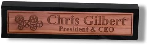 Desk Wedge Name Plate - PERSONALIZED - Gears - 11 Inches (Black Piano) - Image 3