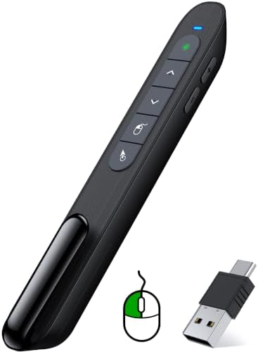 Green Light Wireless Presentation Clicker with Air Mouse, 2.4GHz Rechargeable USB-A/USB-C PowerPoint Clicker Slide Advancer, Presenter for PC, Mac, Computer by DinoFire