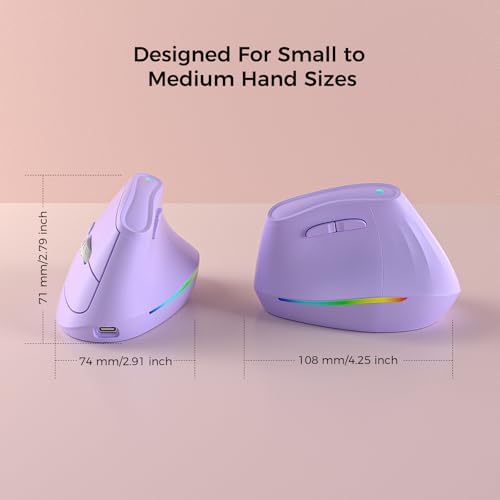KYSONA 57° Wireless Ergonomic Mouse, Vertical Mouse, Carpal Tunnel Mouse, RGB Light, Rechargeable, Bluetooth & 2.4G, 5-level DPI Adjustment, Quiet Click Ergo Mice Compatible with PC/Laptop/Mac, Purple - Image 5