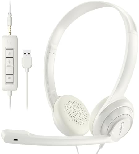 NUBWO HW02 USB Computer Headset with Clear Chat Microphone, Lightweight On-Ear Wired Headset for MS Teams, Skype, Webinars, Call Center and More -White by NUBWO