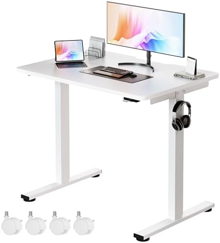 Okin Small Electric Standing Desk, 36" x 24" Whole Piece Height Adjustable Desk, White Sit to Stand Computer Workstation with Wheels for Home Office by Okin
