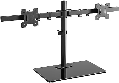WALI Free Standing Dual Monitor Stand, Height Adjustable Monitor Mount with Glass Base, Fits LCD LED Flat Curved Screen up to 32 inch, 22lbs, with Grommet Base (GMF002) by WALI