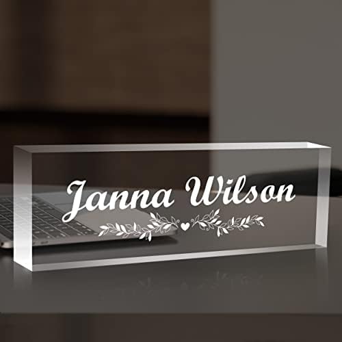 Personalized Desk Name Plate, Custom Acrylic Glass Name Plates for Desks, Office Desk Decor Nameplate, Desk Accessories, Teacher Boss Coworkers Employee Appreciation Gift (Engraved Flower 1) by Custom