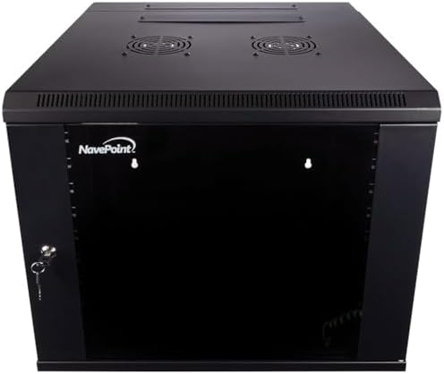 NavePoint 9U Server Cabinet with Hinged Back - 23.6” Deep, Server Rack Enclosure with Locking Glass Door, Wall Mount Rack with Removable Side Panels, Network Cabinet with 2 Fans, Pre-Assembled by NavePoint